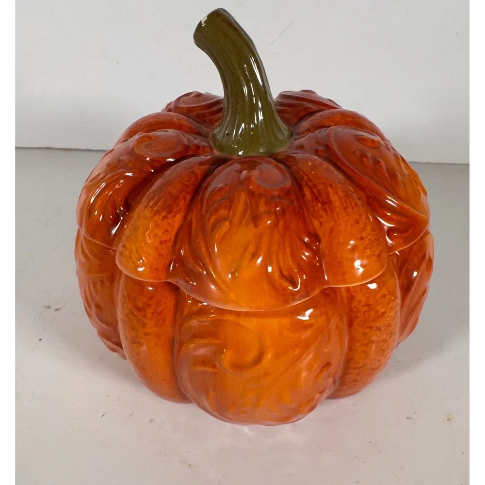 Pier 1 Imports Hand Painted Dolomite Pumpkin Lidded Jar Orange Fall Decor Whimsy